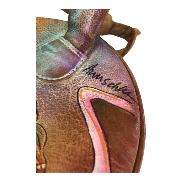 Vintage Anuschka painted leather small round handbag butterflies and flowers - Picture 8 of 11